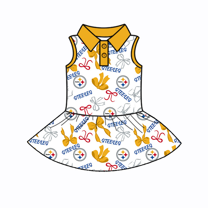 Custom moq 5 mix sizes summer teams baby girls clothes team yellow short sleeve skirts shorts sets 1 and skirts sets 2 and dress 1 and dress 2 and dress 3 and dress 4-25.6.5