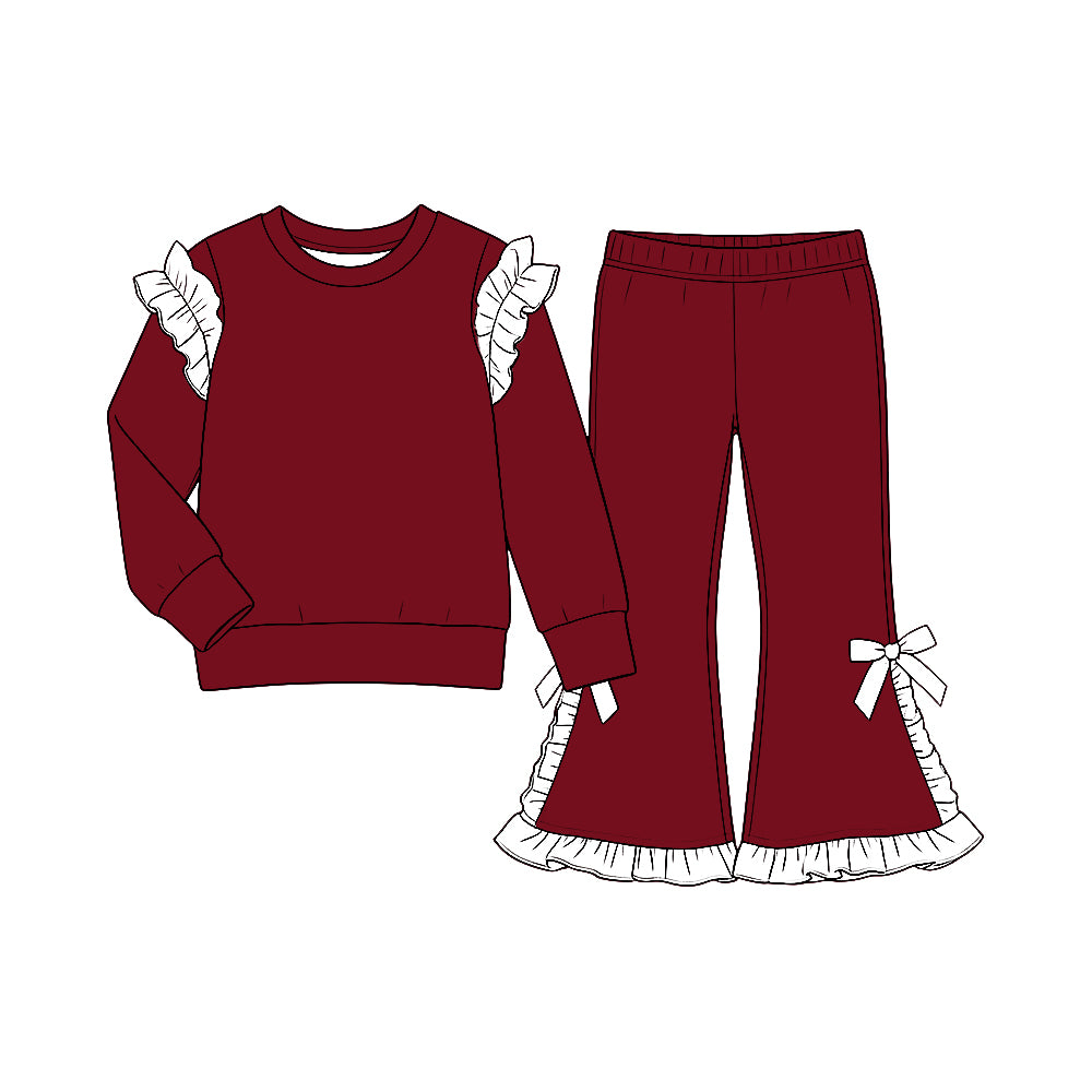custom moq 5 mix size Baby Girls Maroon and White Solid Ruffle Shoulder Sweatshirt And Ruffle Hem Bow Flare Pant Set