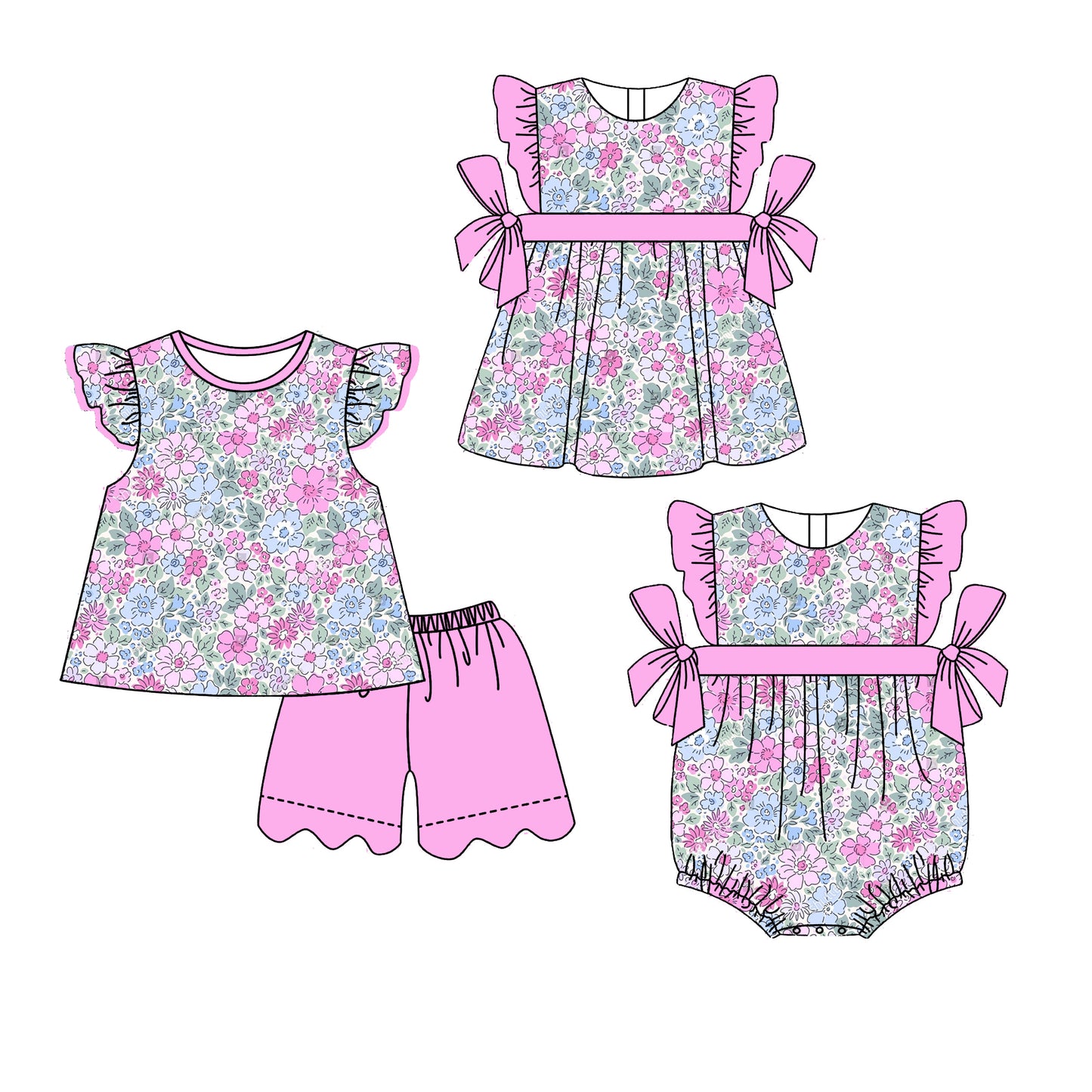 3.30 Custom moq 5 mix size Sibling Baby Girl's Flowers Flutter Sleeve Top And Scallop Shorts Set Cute Romper Dress for Summer