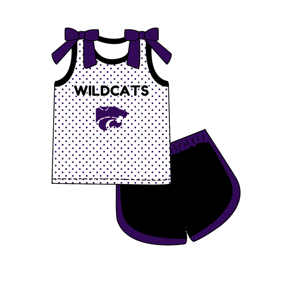Custom moq 5 mix size summer teams Girls Polka Dot Top Shorts Set Purple Bows Top Skirt Short Set Zipper Pullover Pants Set