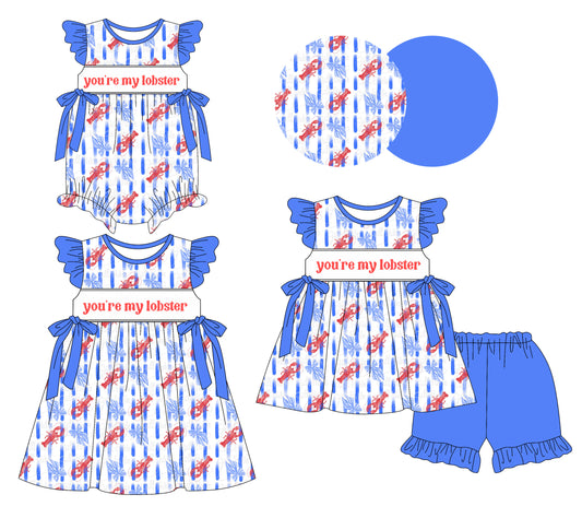 25.10.15 custom each style moq 5 eta 6-8week Sibling Sister lobster baby short sleeve shorts sets and romper and dress match design