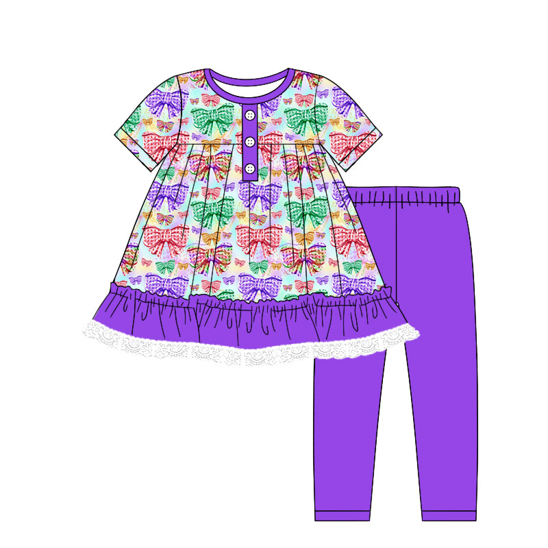 7.23 custom each style moq 5eta 4-6week Sibling Sister bow purple baby girls short sleeve sets and dress and rompers match family design