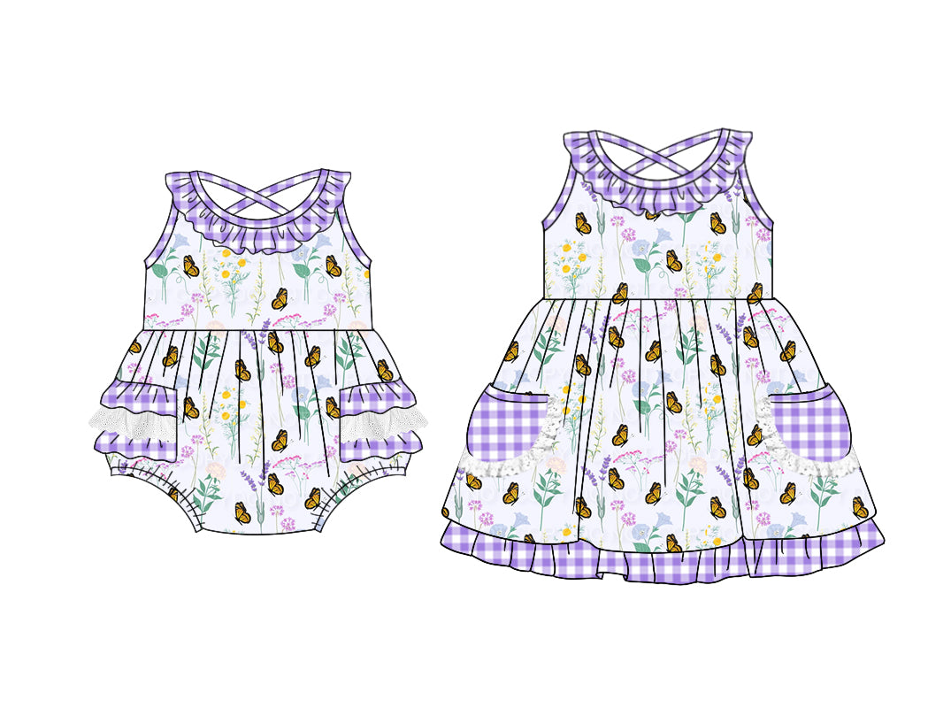 3.11 custom each style moq 5eta 4-6week Sibling Sister butterfly floral baby girl short sleeve dress and rompers match family design