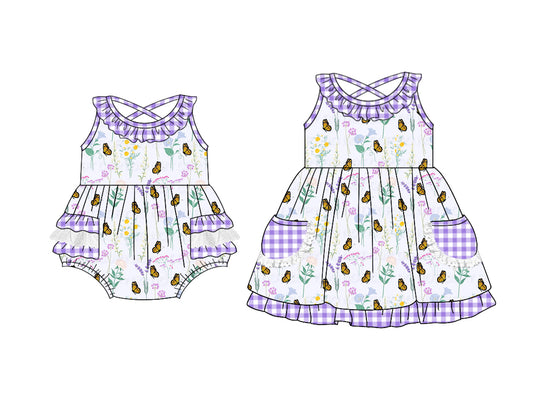 3.11 custom each style moq 5eta 4-6week Sibling Sister butterfly floral baby girl short sleeve dress and rompers match family design