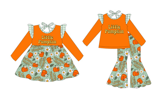25.7.9 custom each style moq 5eta 4-6week Sibling Sisters pumpkin orange baby girl long sleeve pants sets and dress match family design