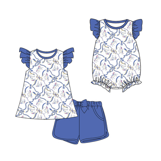 3.21 Custom moq 5 mix size Sibling Cute Clothes Baby Girl's Flutter Sleeve Top And Blue Short Set Matching Romper for Summer
