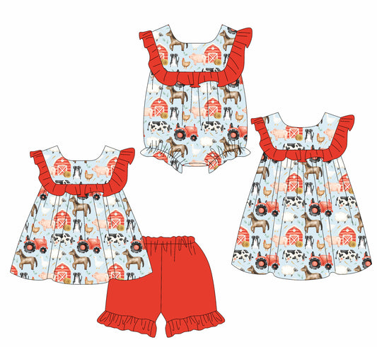 4.7 custom each style moq 5eta 4-6week Sibling Sisters farm animal baby girl short sleeve shorts sets and dress and rompers match family design