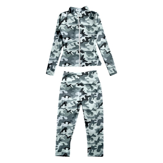 7.3 custom each style moq 5eta 4-6week baby girls clothes camouflage green Yoga Suit Zipper Long Sleeve Pants Set