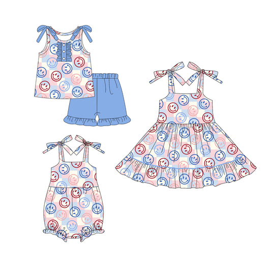 4.16 custom each style moq 5eta 4-6week Sibling Sisters smiley baby girl short sleeve shorts sets and dress and rompers match family design