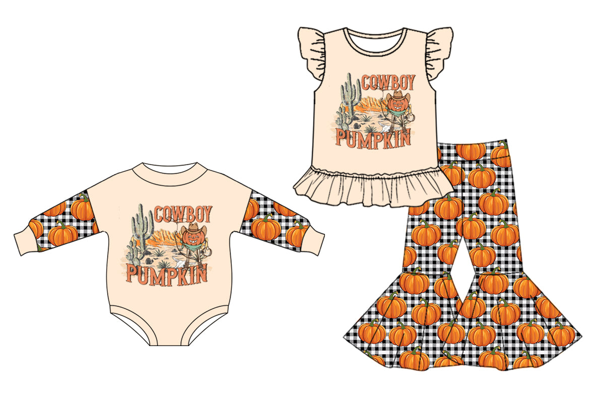 25.5.7 custom each style moq 5eta 4-6week Sibling Sister COWBOY pumpkin baby girl short sleeve pants sets and rompers match family desigm