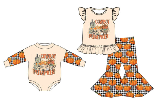 25.5.7 custom each style moq 5eta 4-6week Sibling Sister COWBOY pumpkin baby girl short sleeve pants sets and rompers match family desigm