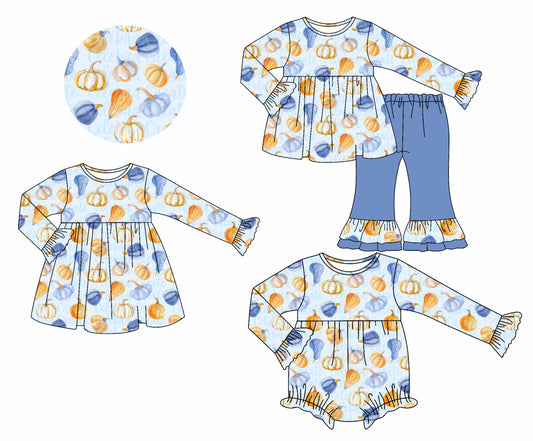 25.7.11 custom each style moq 5eta 4-6week Sibling Sisters pumpkin baby girl long sleeve pants sets and dress and rompers match family design