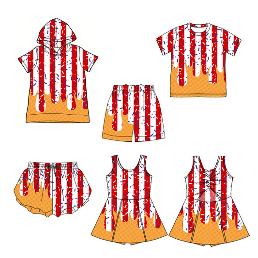 Custom moq 5 mix size Sibling Baby Boy Short-Sleeved Hooded Top and Crew Neck Top with Shorts Baby Girl Yoga Shorts And Dress for Kids 4th of July Ice Cream Drip Clothing