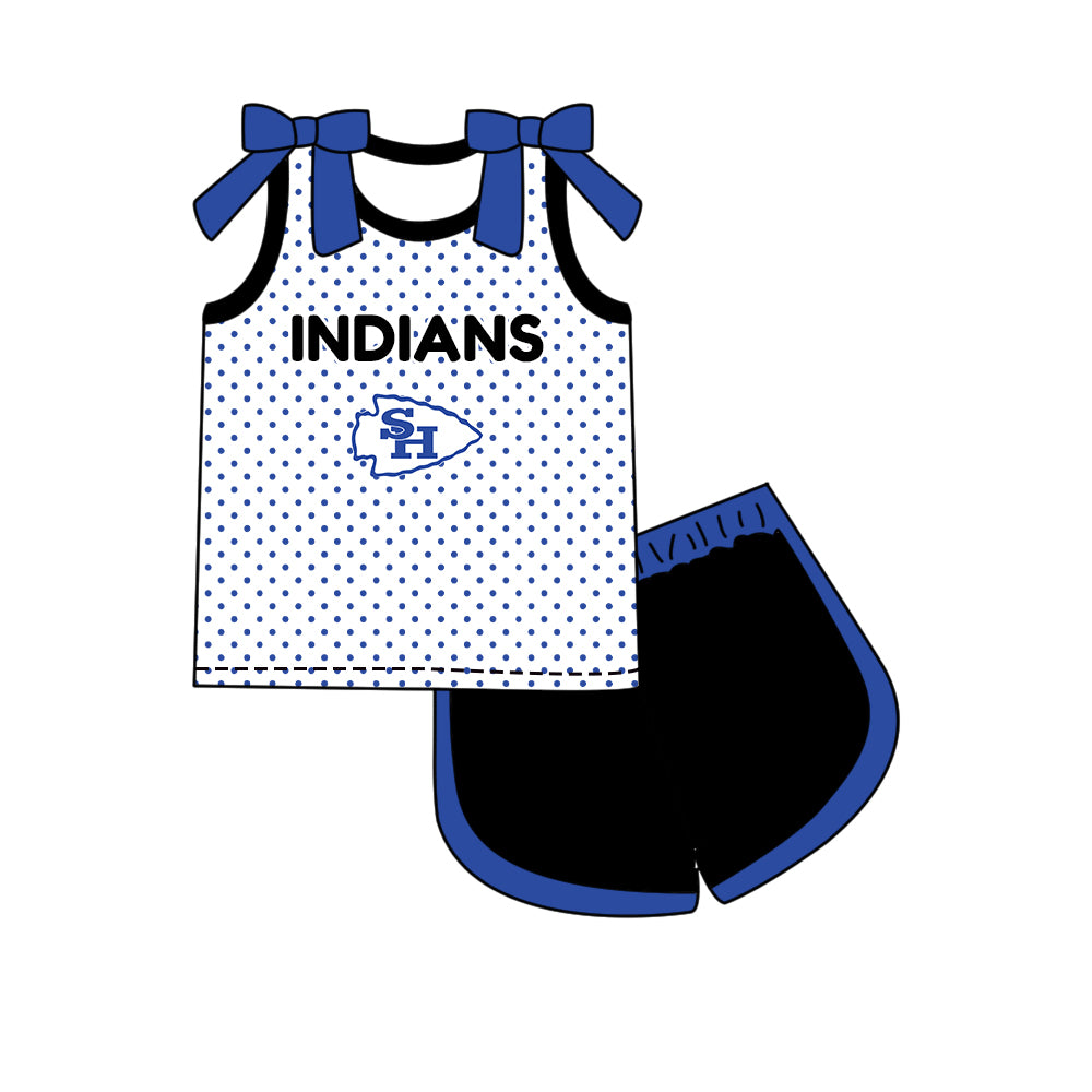 Custom moq 5 mix size milk silk summer teams Girls Blue Polka Dot Top Shorts Set Top Skirt Short Set Zipper Pullover Pants Set