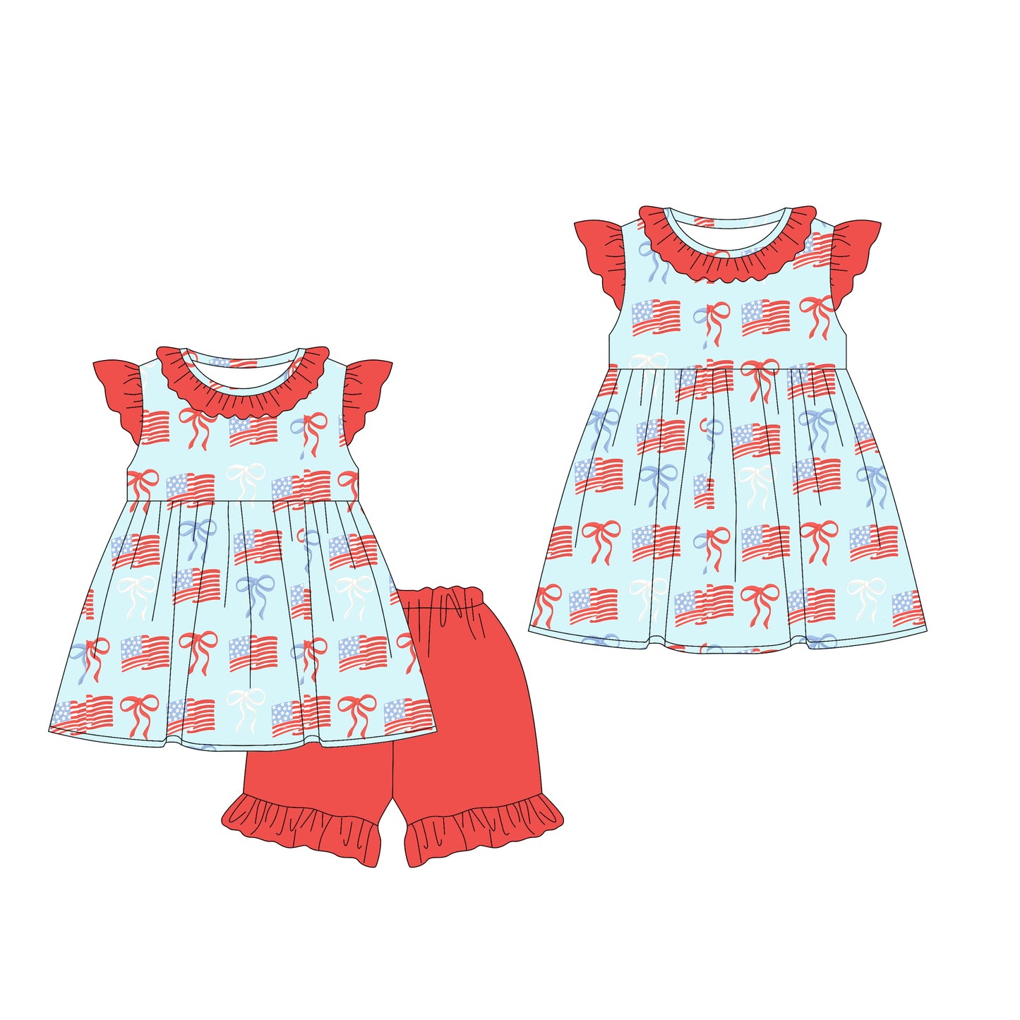 25.12.24 custom each style moq 5 eta 6-8week Sibling Sister bow flag baby short sleeve shorts sets and dress match design