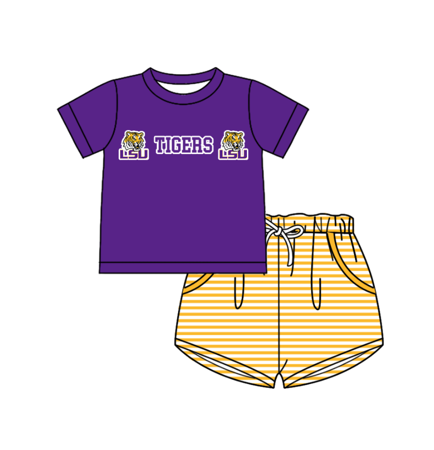 Custom moq 5 mix size milk silk summer teams Boys Purple Short Sleeve Top Striped Shorts Set With Matching Romper Girls Flutter Sleeve Polka Dot Dress Romper