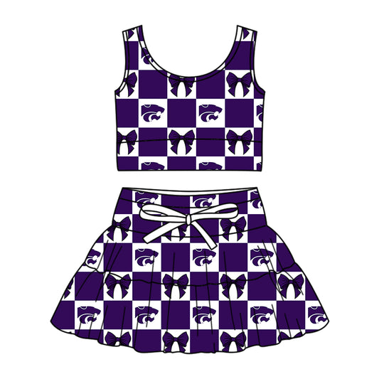Custom moq 3 or 5 mix size milk silk summer teams baby girl clothes bow purple sleeveless skirts sets-26.1.24