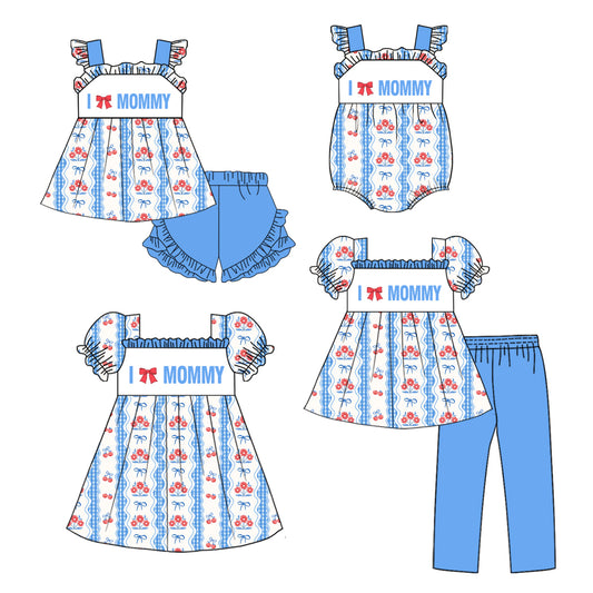 25.10.28 custom each style moq 5 eta 6-8week Sibling Sisters love mommy floral bow blue baby girl short sleeve shorts sets and pants sets and dress and rompers match family design