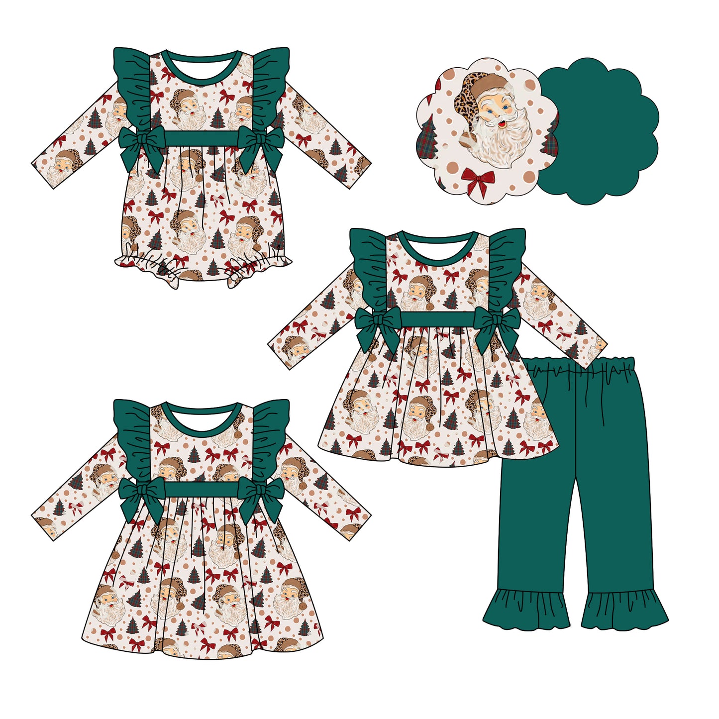 25.6.19 custom each style moq 5eta 4-6week Sibling Sisters Christmas bow green baby girl long sleeve pants sets and dress and rompers match family design