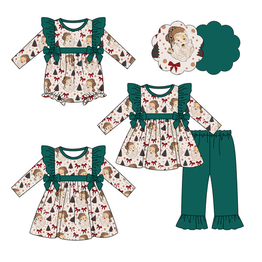 25.6.19 custom each style moq 5eta 4-6week Sibling Sisters Christmas bow green baby girl long sleeve pants sets and dress and rompers match family design