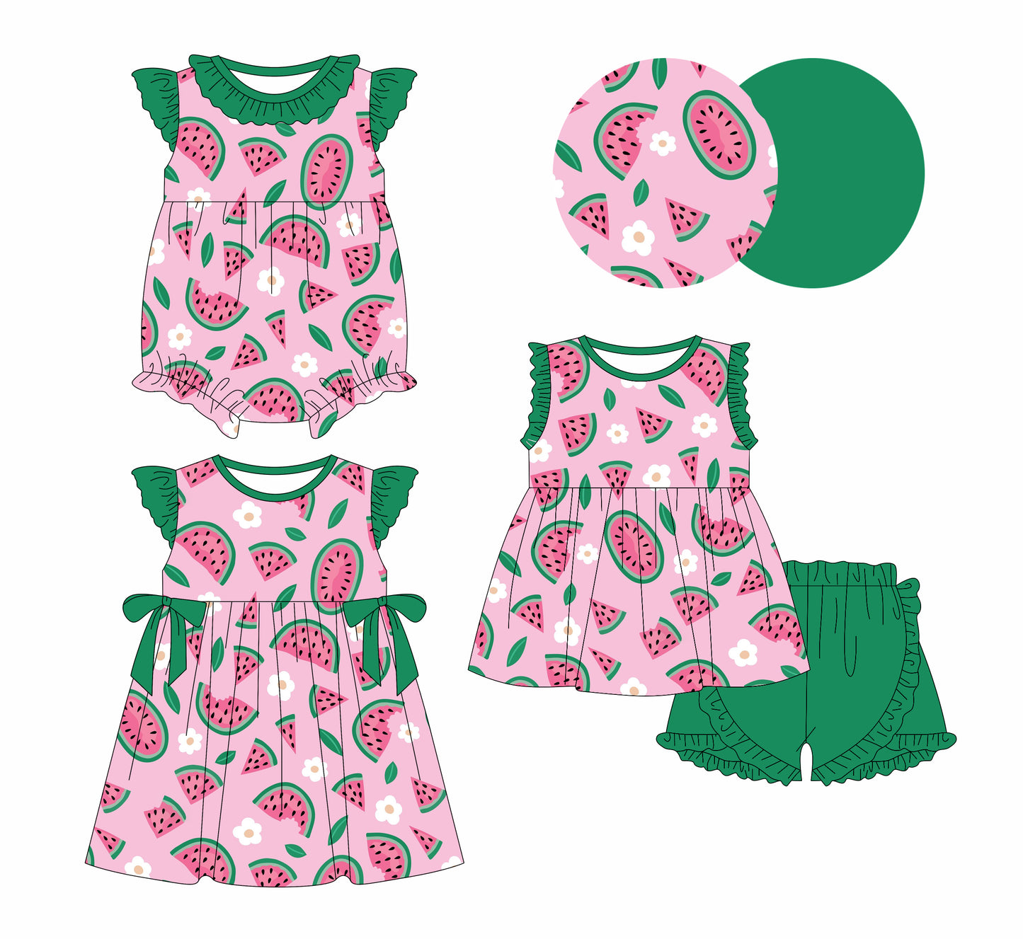 25.12.27 custom each style moq 5 eta 6-8week Sibling Sister watermelon floral baby short sleeve shorts sets and romper and dress match design