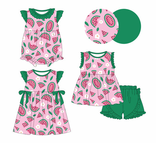 25.12.27 custom each style moq 5 eta 6-8week Sibling Sister watermelon floral baby short sleeve shorts sets and romper and dress match design