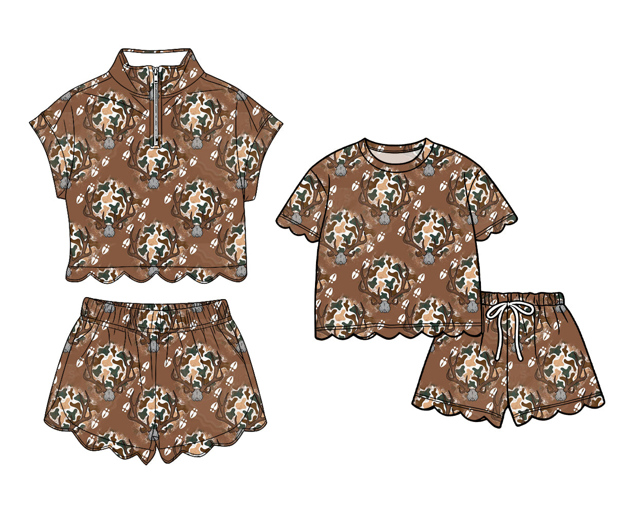 3.13 Custom moq 5 mix size Sibling Baby Girls Brown Scallop Top And Shorts Outfit Set Cute Baby Girl Clothing Set