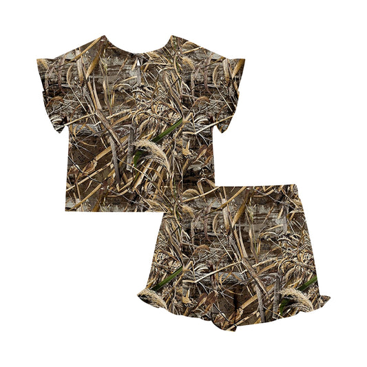 Custom moq 5 mix size Baby Girl's Brown Dead Leaf Camouflage Short-Sleeved Top And Shorts Set Cute Outfit