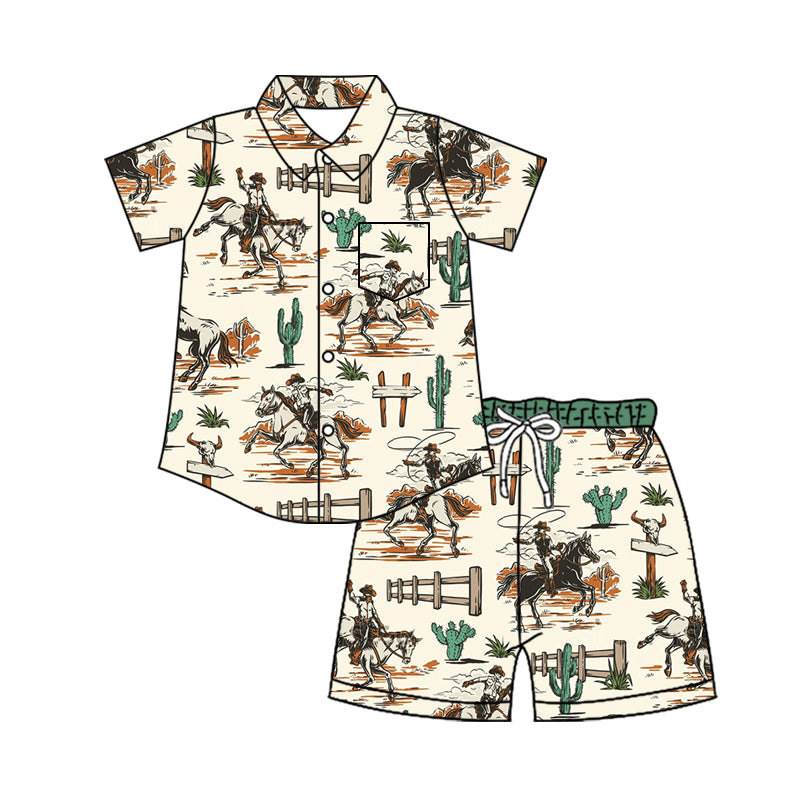 4.11 Custom moq 5 mix size Baby Boy Western Cactus Short-Sleeved Button-Down Top with Pockets And Shorts Set