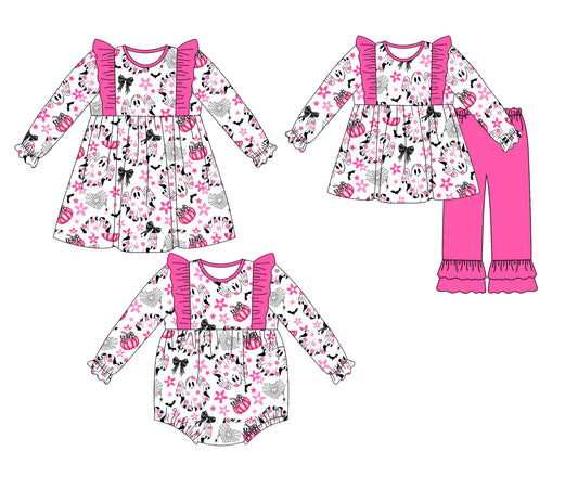 25.5.9 custom each style moq 5eta 4-6week Sibling Sisters bow floral bat ghost baby girl long sleeve pants sets and dress and rompers match family design