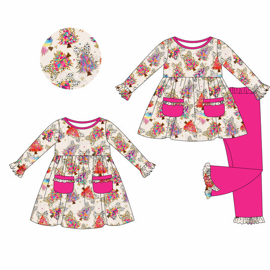 25.5.24 custom each style moq 5eta 4-6week Sibling Sisters Christmas trees bow baby girl long sleeve pants sets and dress match family design