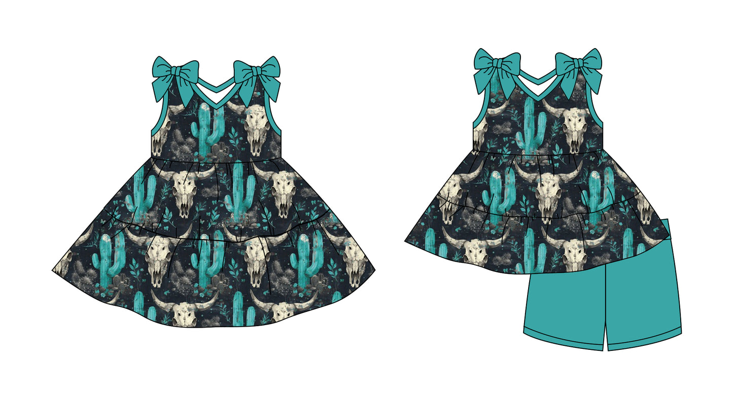 2.27 custom each style moq 5eta 4-6week Sibling Sister boot cow head baby girl short sleeve shorts sets and dresses match design