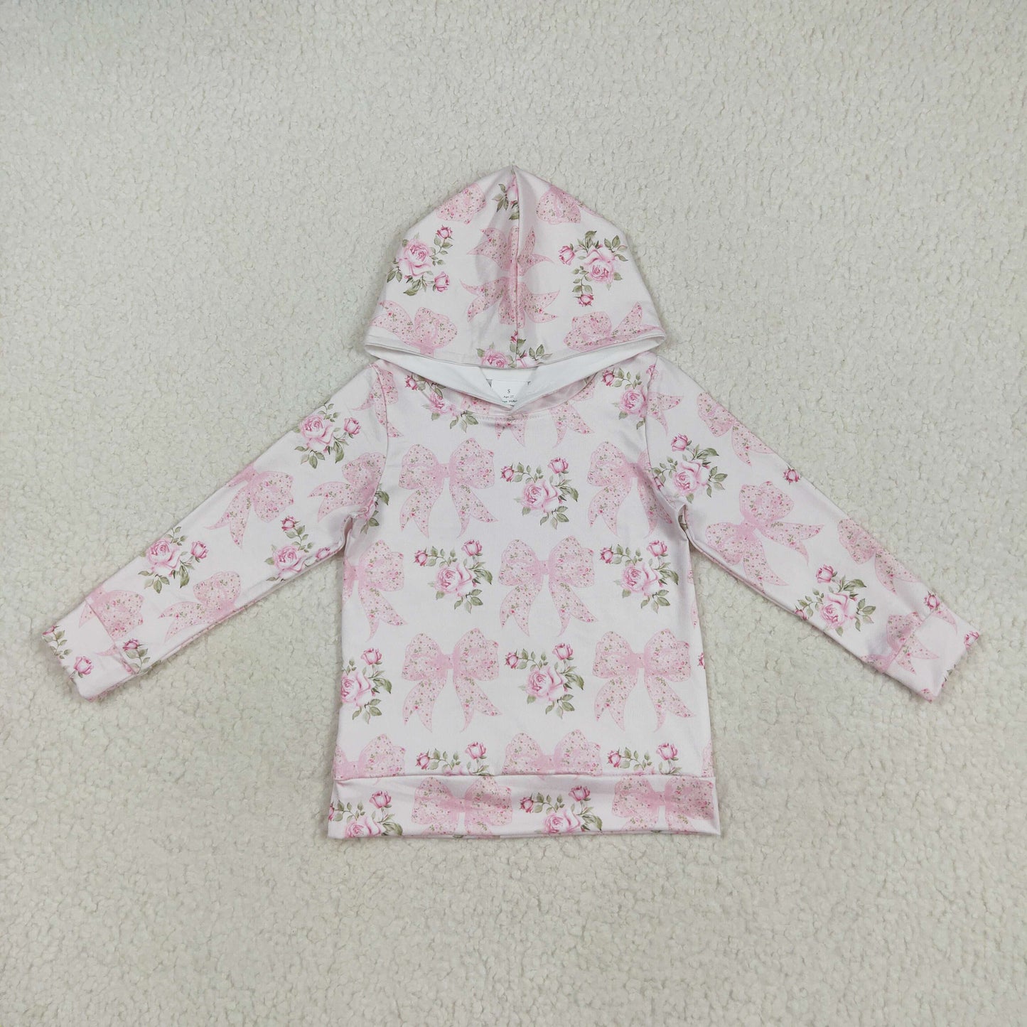 RTS NO MOQ（In Stock) GT1058 Pink hooded long-sleeved top with floral flower and bow pattern