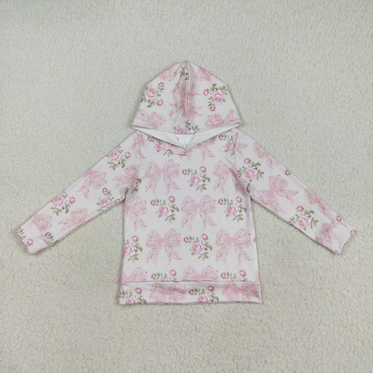 RTS NO MOQ（In Stock) GT1058 Pink hooded long-sleeved top with floral flower and bow pattern