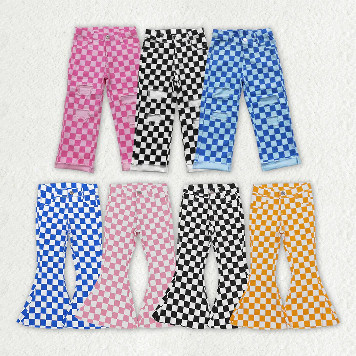 RTS NO MOQ Children's Plaid Ripped Jeans & Plaid Flared Pants