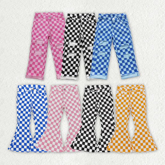 RTS NO MOQ Children's Plaid Ripped Jeans & Plaid Flared Pants