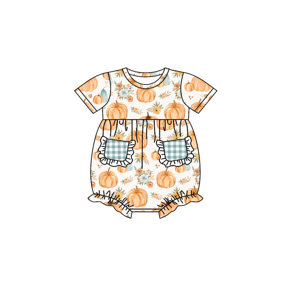 Deadline  August 22 custom no moq eta 6-7weeks Summer Flowers Pumpkin Pocket Summer Romper