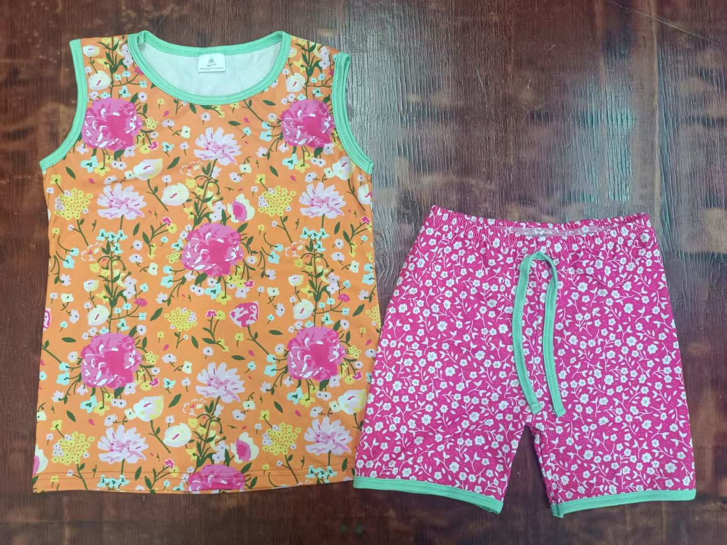 Custom moq 3 eta 6-7weeks baby girls clothes floral orange sleeveless shorts sets