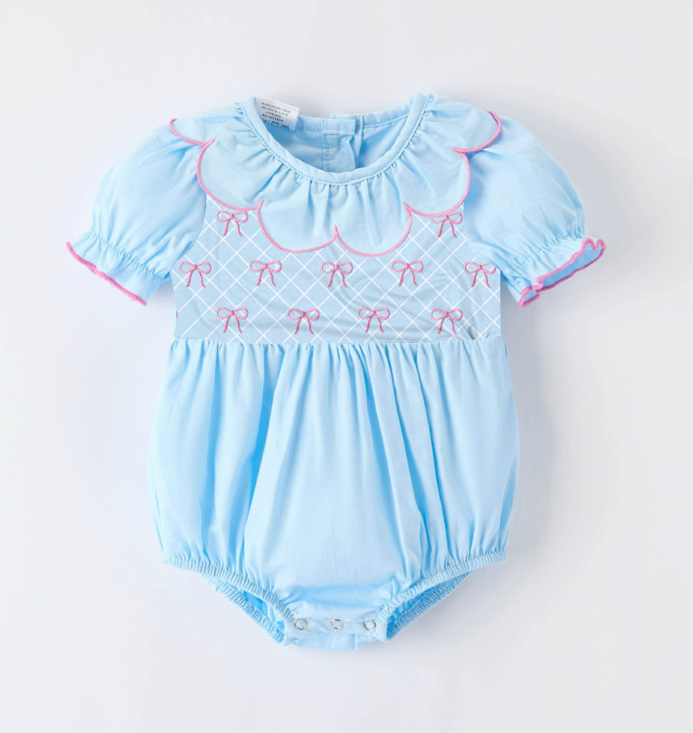 Custom moq 5 mix size milk silk baby girl clothes bow blue short sleeve romper and dress