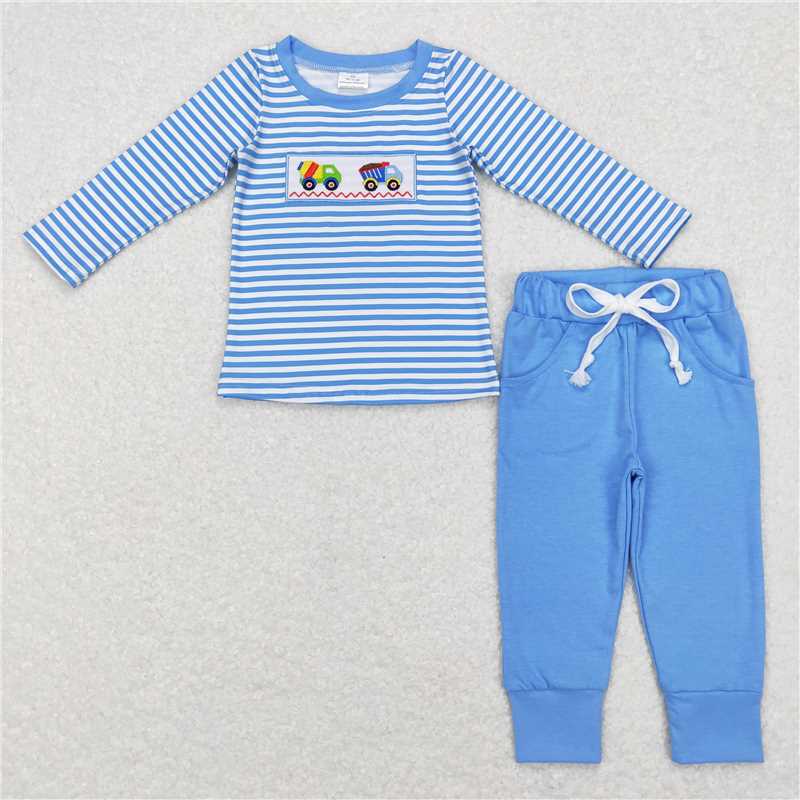 RTS NO MOQ（In Stock) BLP0393 Baby Boys embroidery blue Top Pants Outfits Sets