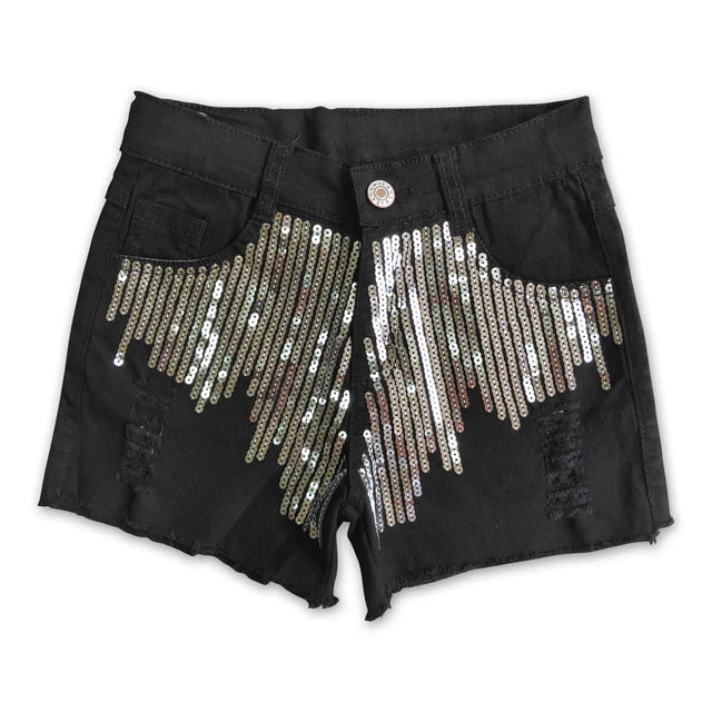 RTS NO MOQ Sibling Baby Girls sequin black denim shorts