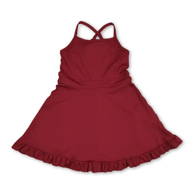 RTS NO MOQ Sibling Baby Girls Dark Red Strap Shorts Yoga Knee Length Athletic Dresses