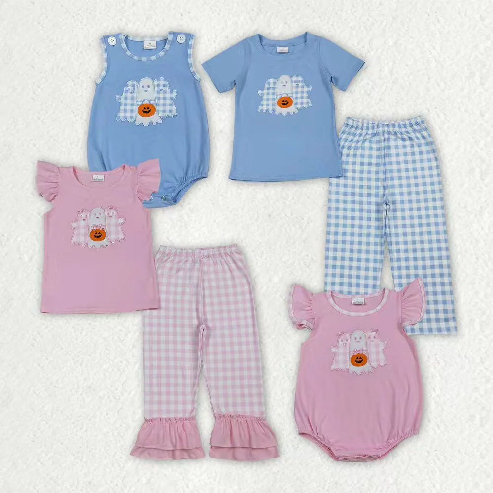 RTS NO MOQ Sibling Baby girl boy clothes embroidery halloween pumpkin short-sleeved trousers suit & rompers