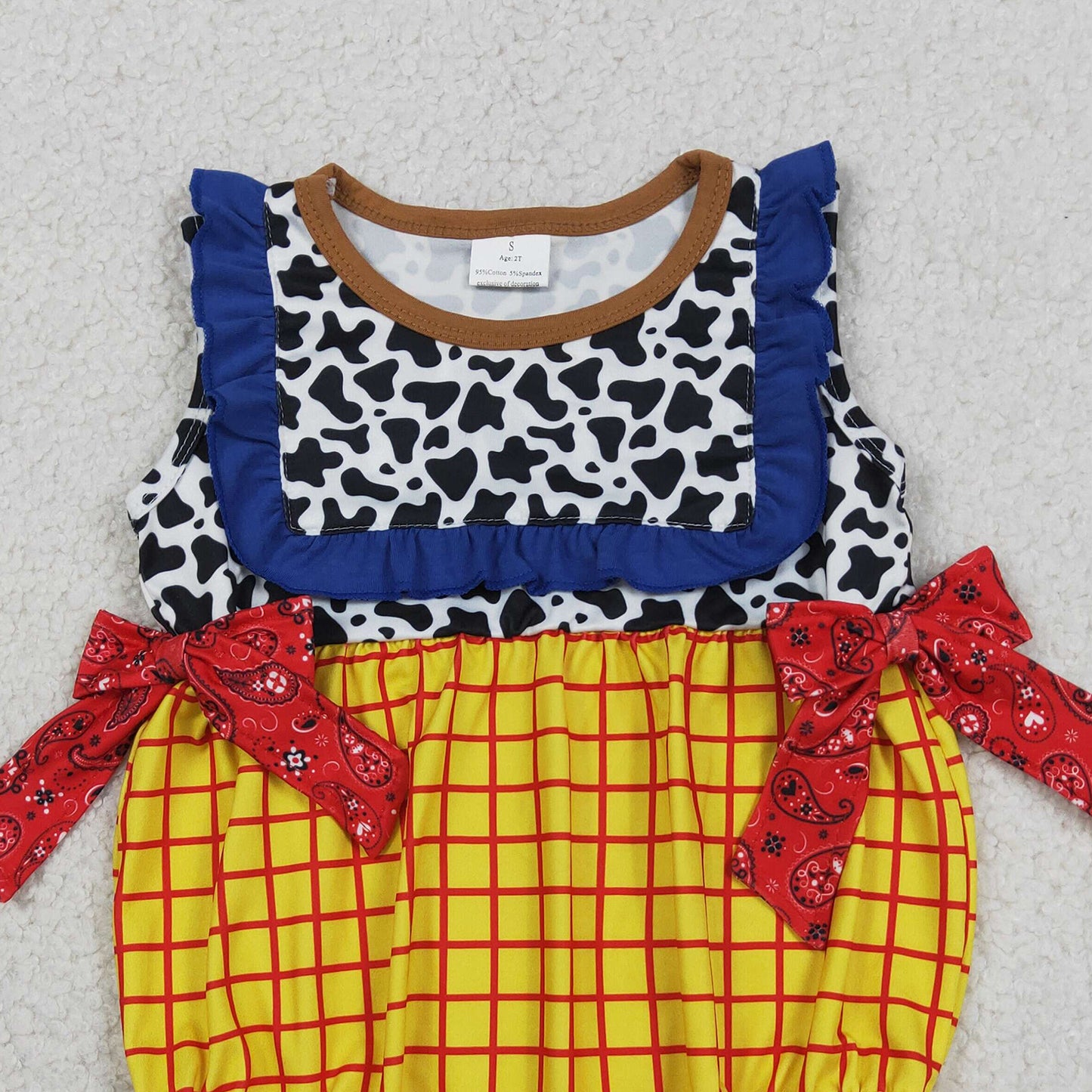 RTS NO MOQ SR4115 Baby Girls Cow Print Yellow Checked Ruffle Rompers Sleeveless Casual Outfit