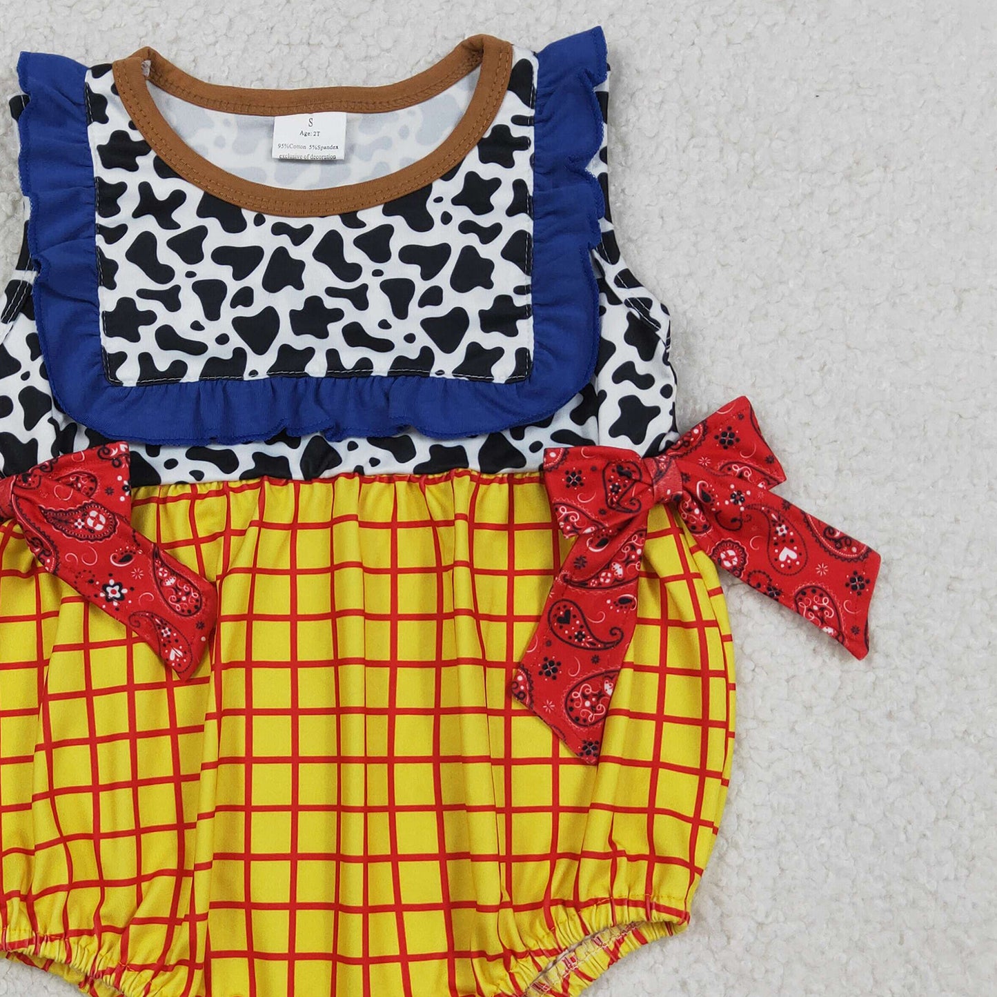 RTS NO MOQ SR4115 Baby Girls Cow Print Yellow Checked Ruffle Rompers Sleeveless Casual Outfit
