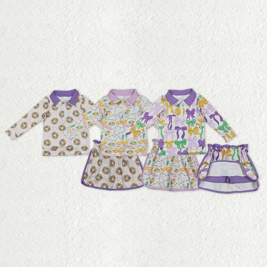 RTS NO MOQ Sibling baby girl clothes mardi gras long-sleeved skirt suits