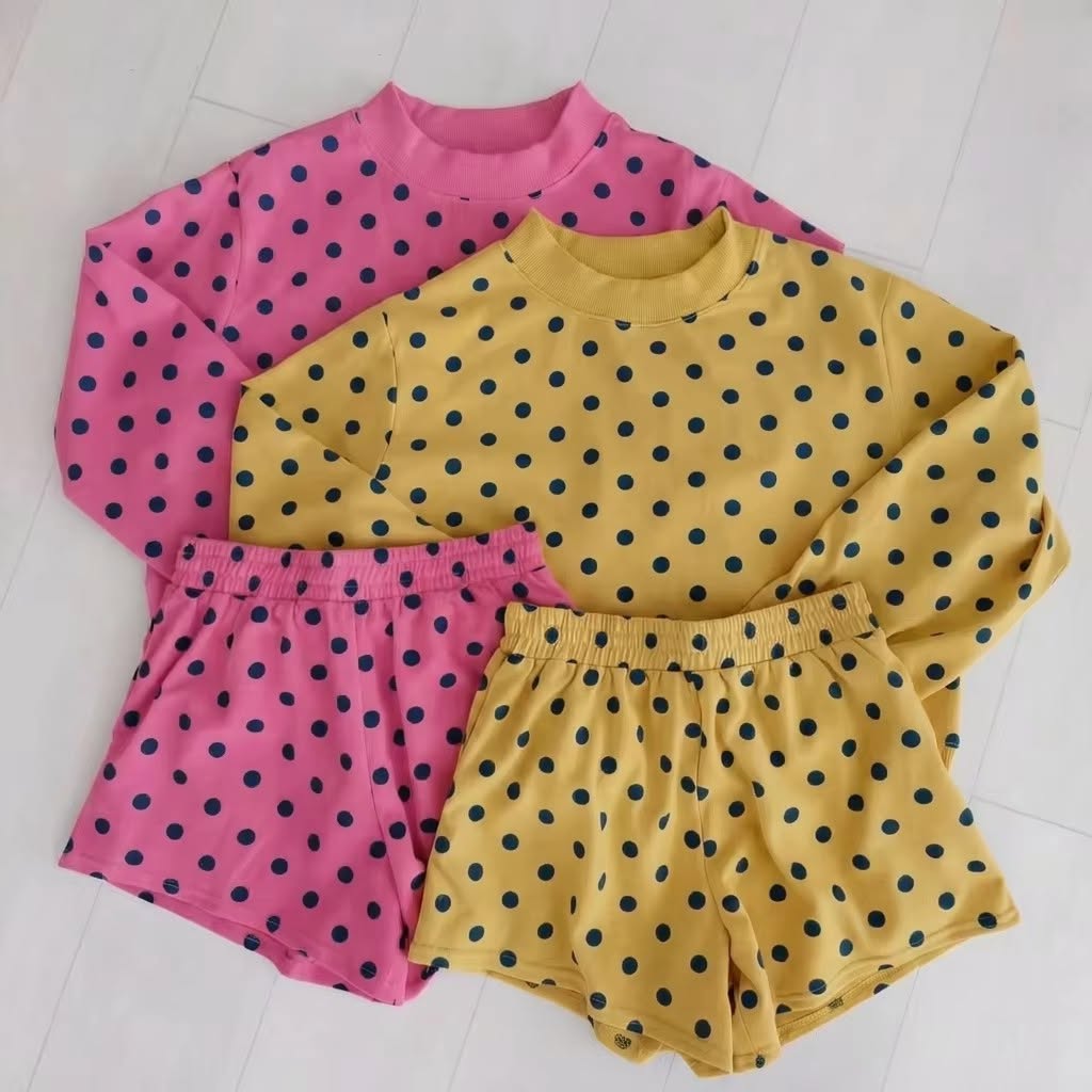 (Preorder new) No moq Kids And Adult Polka Dot Print Long Sleeve Crewneck Sweatshirt Pocket Shorts Outfit Set