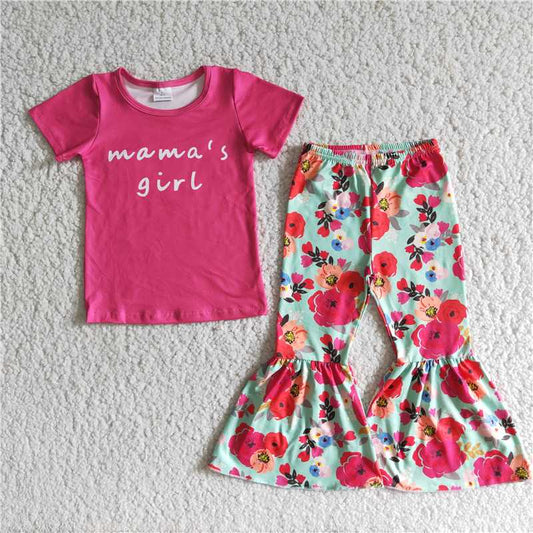 SALES NEW Baby Girl Rose Pink Short Sleeve Top And Floral Flared Pants Set Cute Infant Outfit
