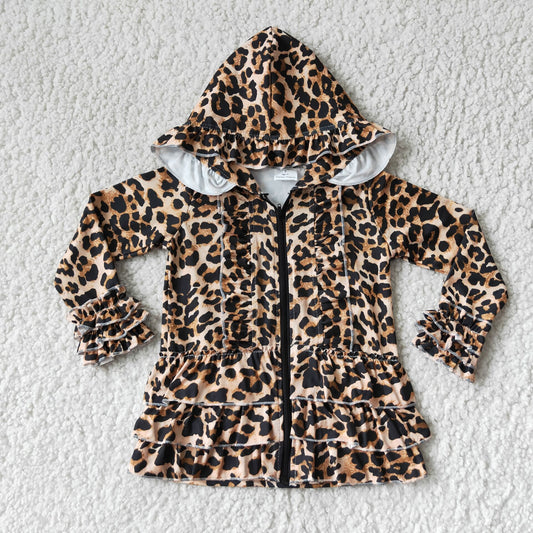 RTS NO MOQ 6 B6-23 Baby Girls Leopard Zipper Cardigan Ruffle Jackets Top