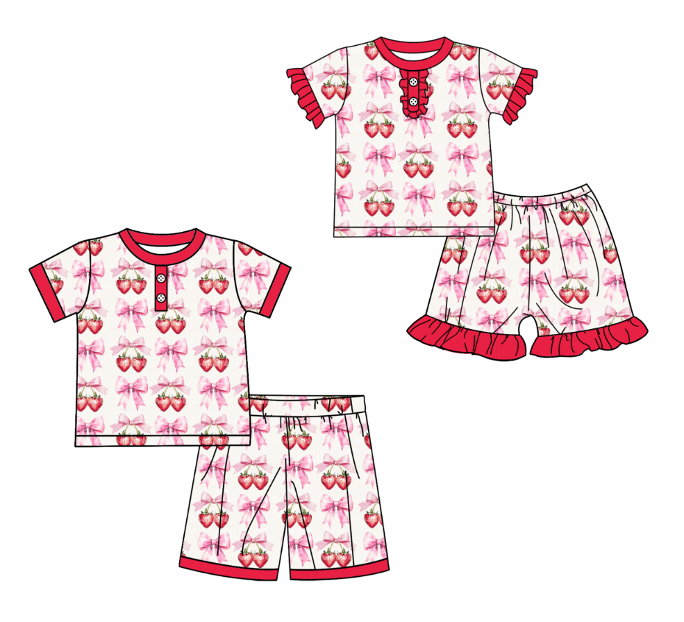 Custom moq 5 mix size milk silk baby girl clothes strawberry bow short sleeve shorts sets 2